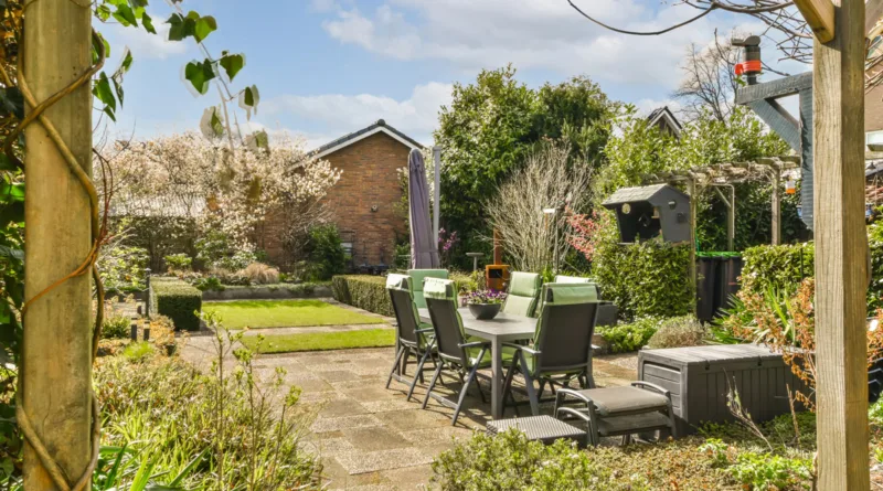 Patio with table in a garden