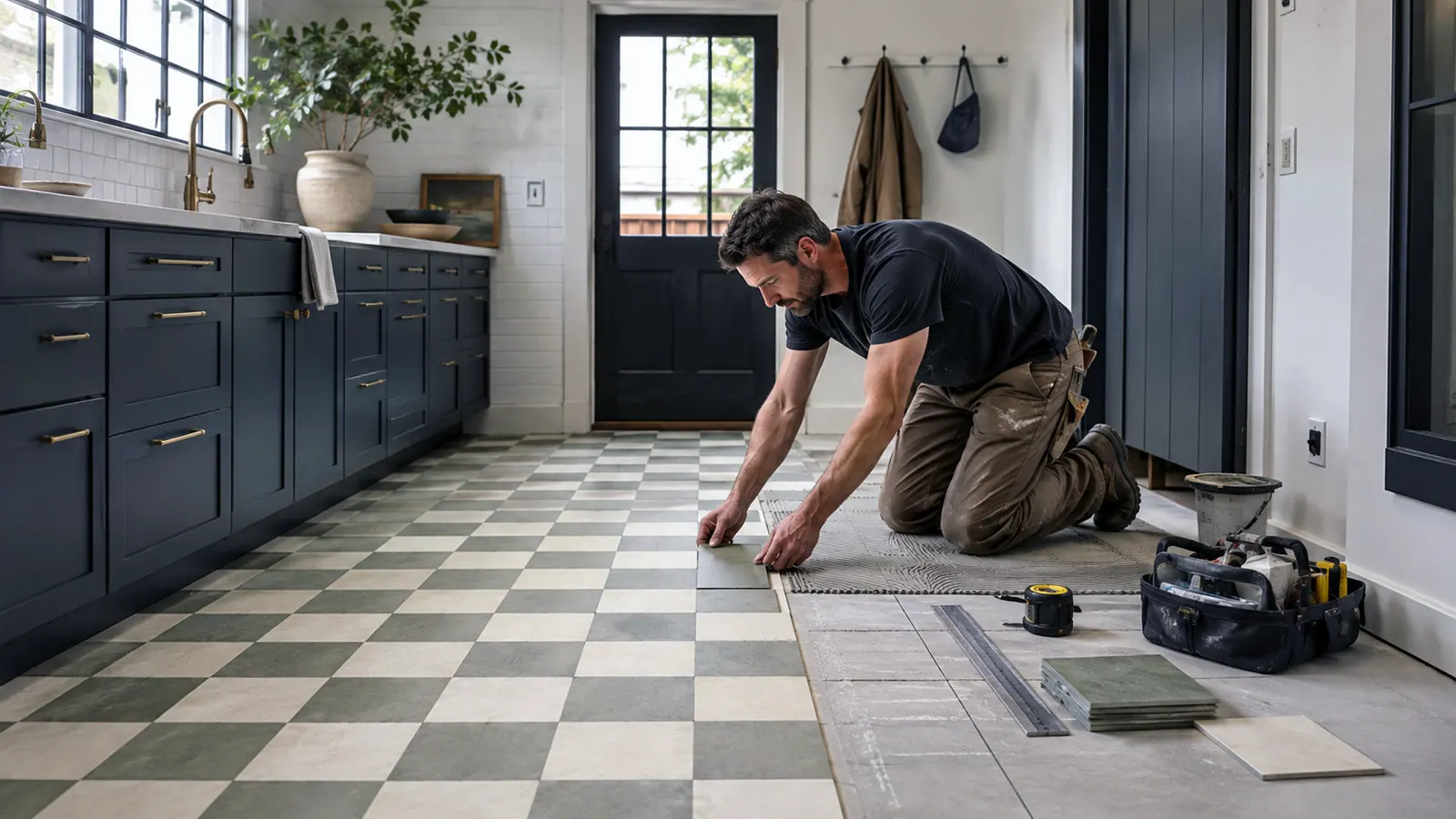 Install checkerboard vinyl flooring