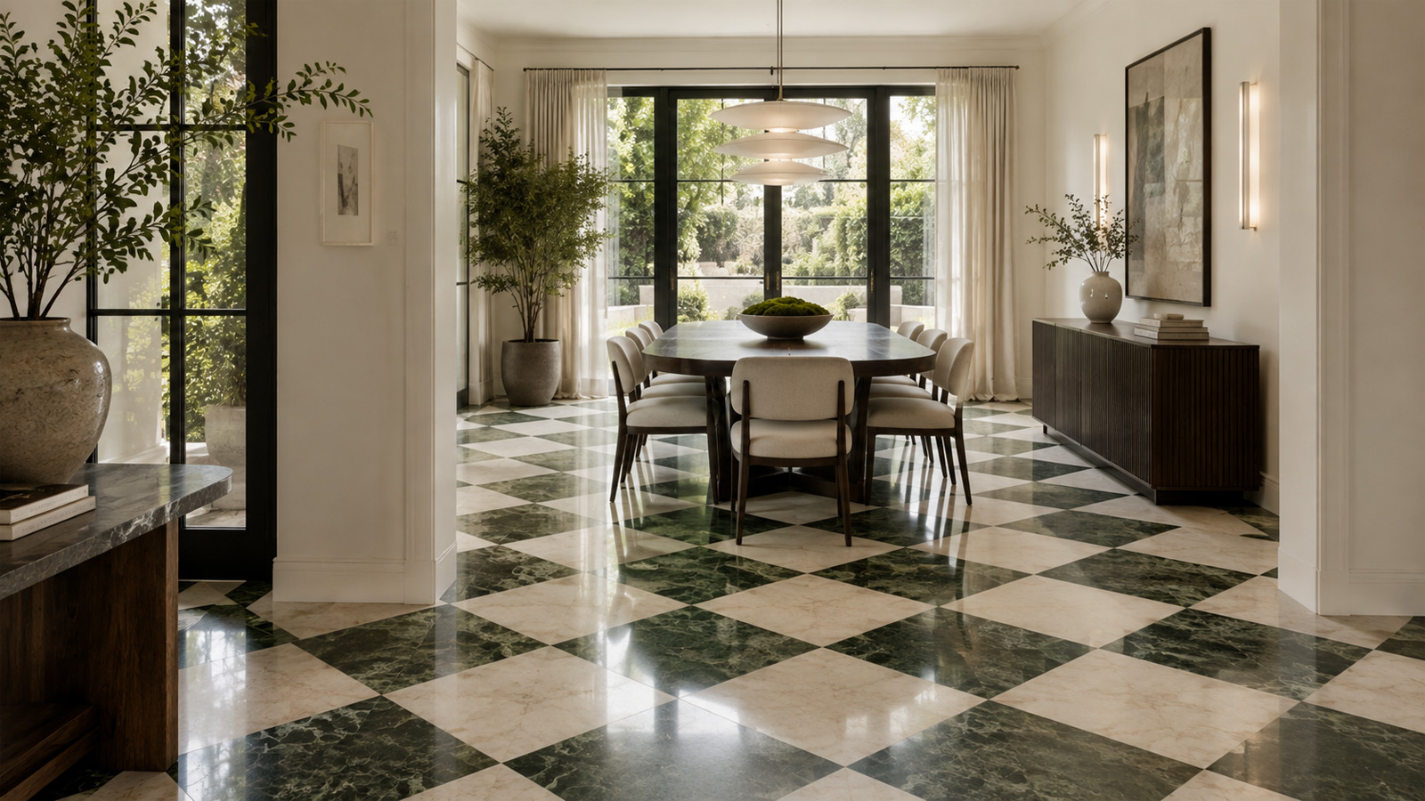 black and white honed marble checkerboard floor in a modern interior