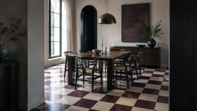 burgundy and cream checkerboard floor in a contemporary dining room