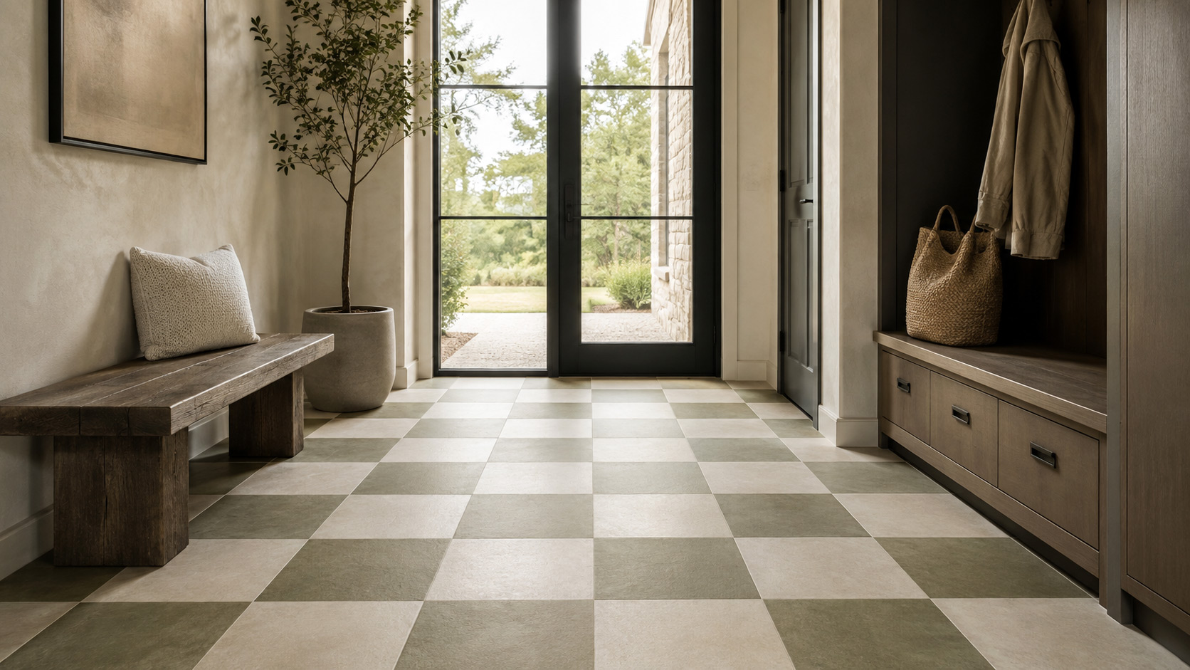 modern sage and ivory checkerboard floor in a contemporary entryway