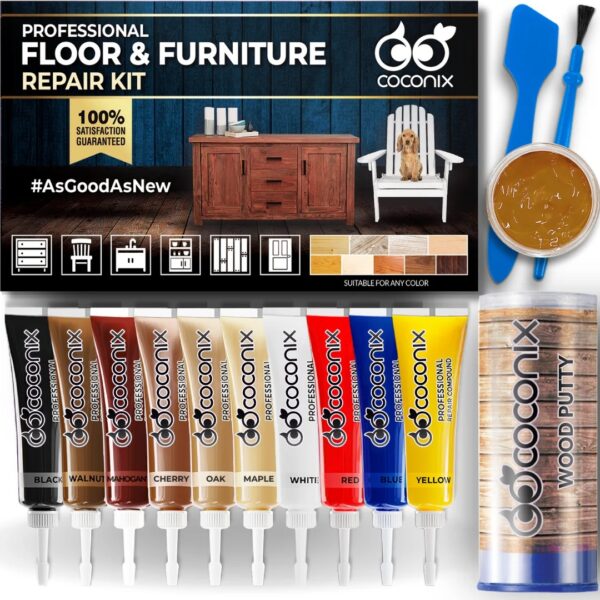 Coconix floor and furniture repair kit with wood repair compounds, epoxy putty and applicators