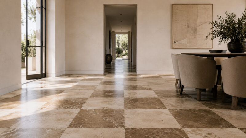 cream and brown marble checkerboard floor with natural stone variation