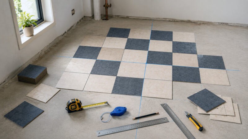 checkerboard vinyl flooring layout with reference lines before installation