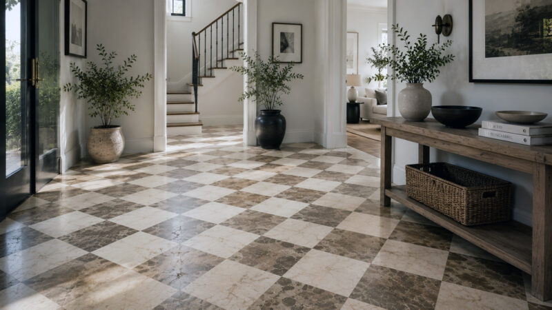 well maintained honed marble checkerboard floor with natural patina