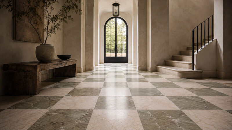 honed cream and muted green marble checkerboard floor in a modern entry hall