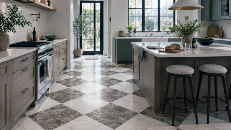 honed marble checkerboard kitchen floor in a bright lived-in kitchen