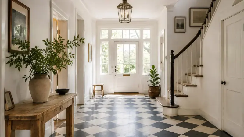 modern checkerboard floor in a bright contemporary kitchen