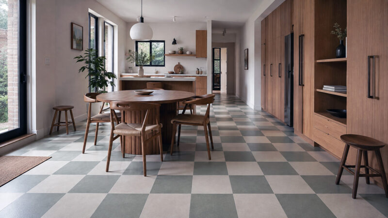 modern checkerboard vinyl flooring in a bright lived-in interior