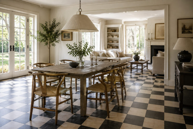 modern porcelain checkerboard tile floor in a bright contemporary mudroom