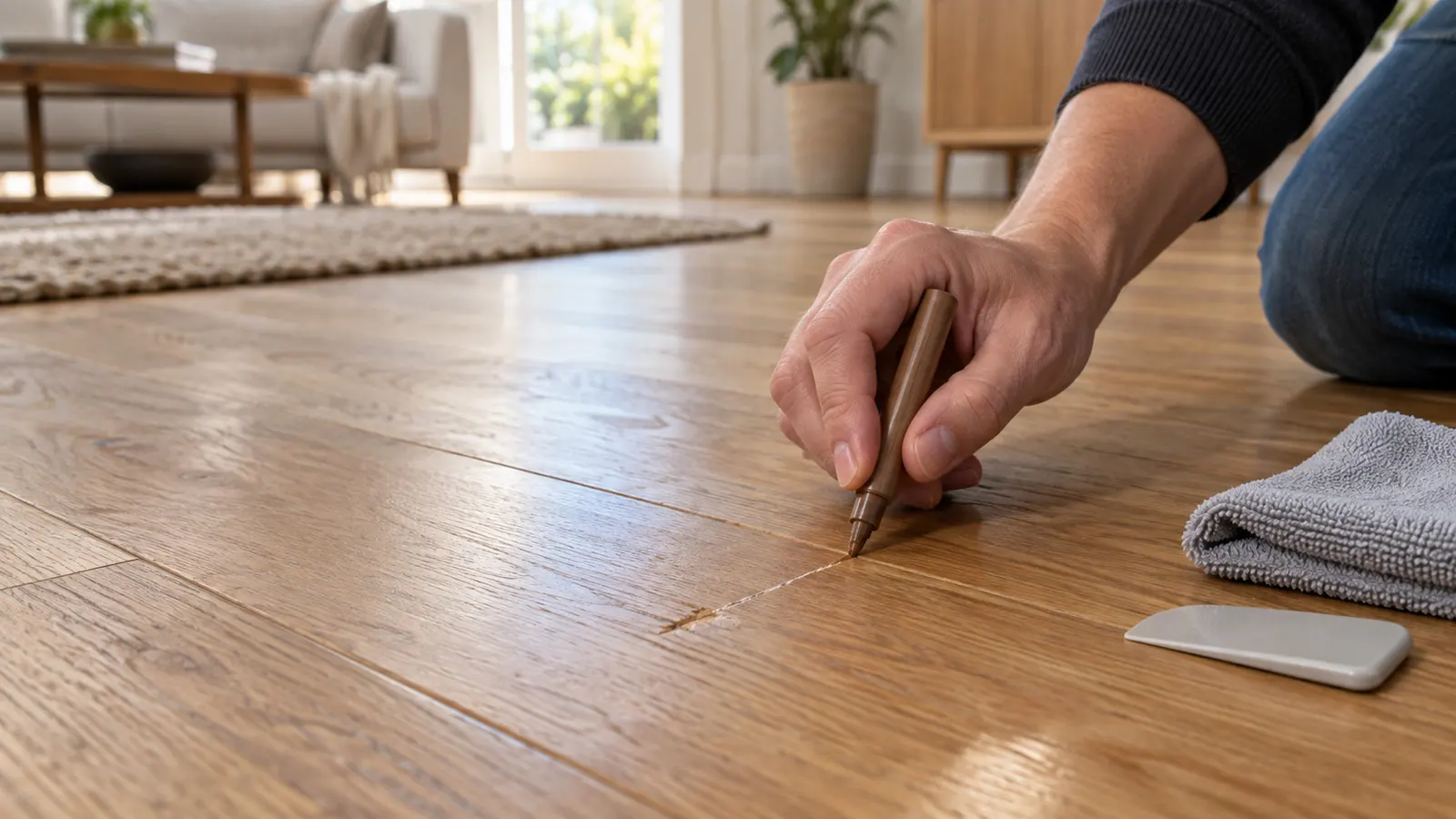 Repairing a scratch on a hardwood floor with a wood touch-up marker