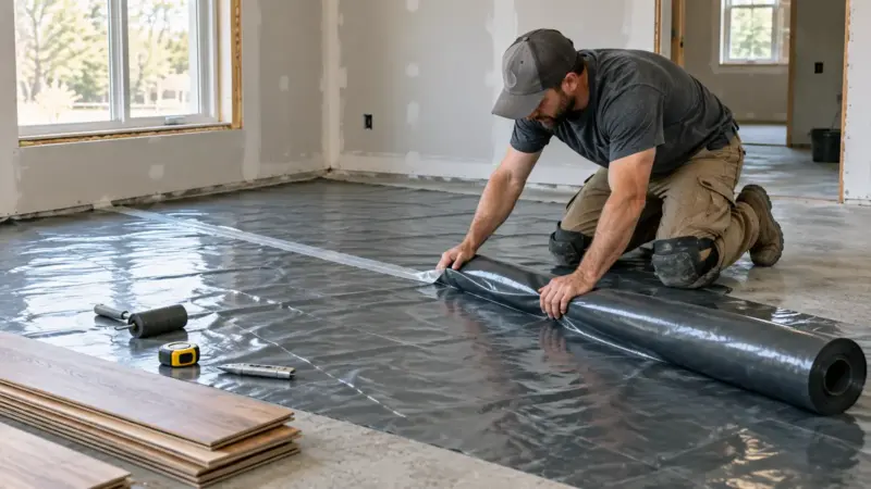 Flooring installer laying a moisture barrier over a concrete subfloor before installing wood flooring