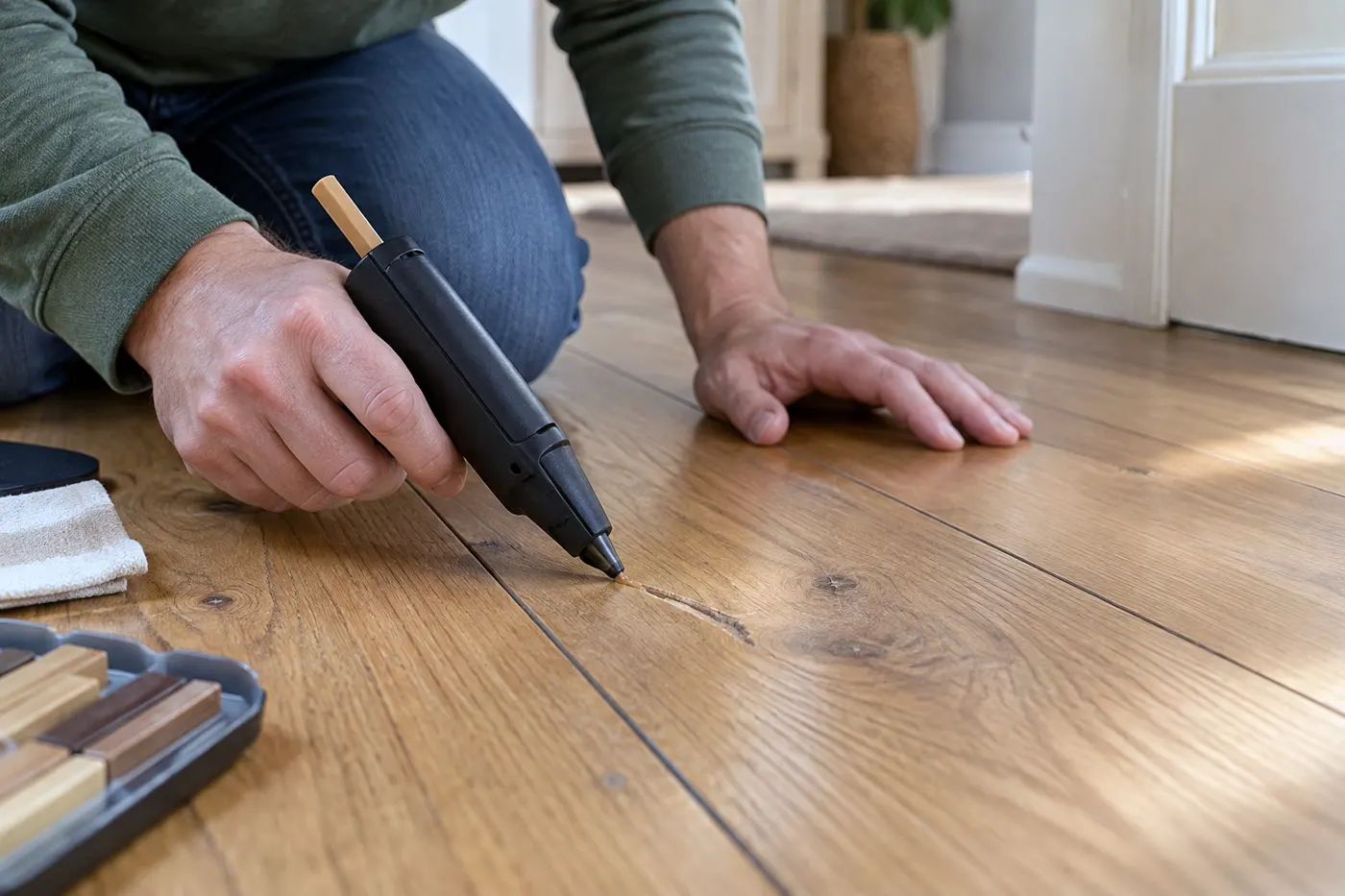Applying color-matched repair wax to a deep scratch in hardwood flooring.