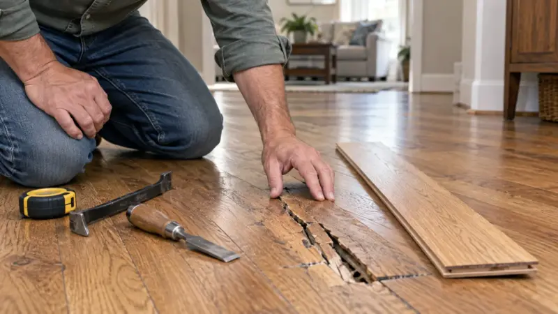 Damaged hardwood floorboard inspected before repair or replacement
