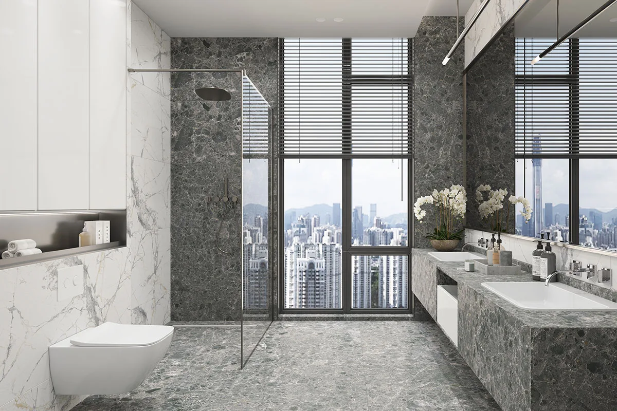 moderno kupatilo sa sivim podnim i zidnim pločicama