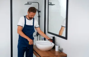 majstor postavlja lavabo u kupatilu
