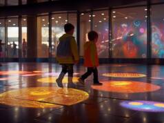 deca se zabavljaju kretanjem po podu koji menja boju aplikacija krugova