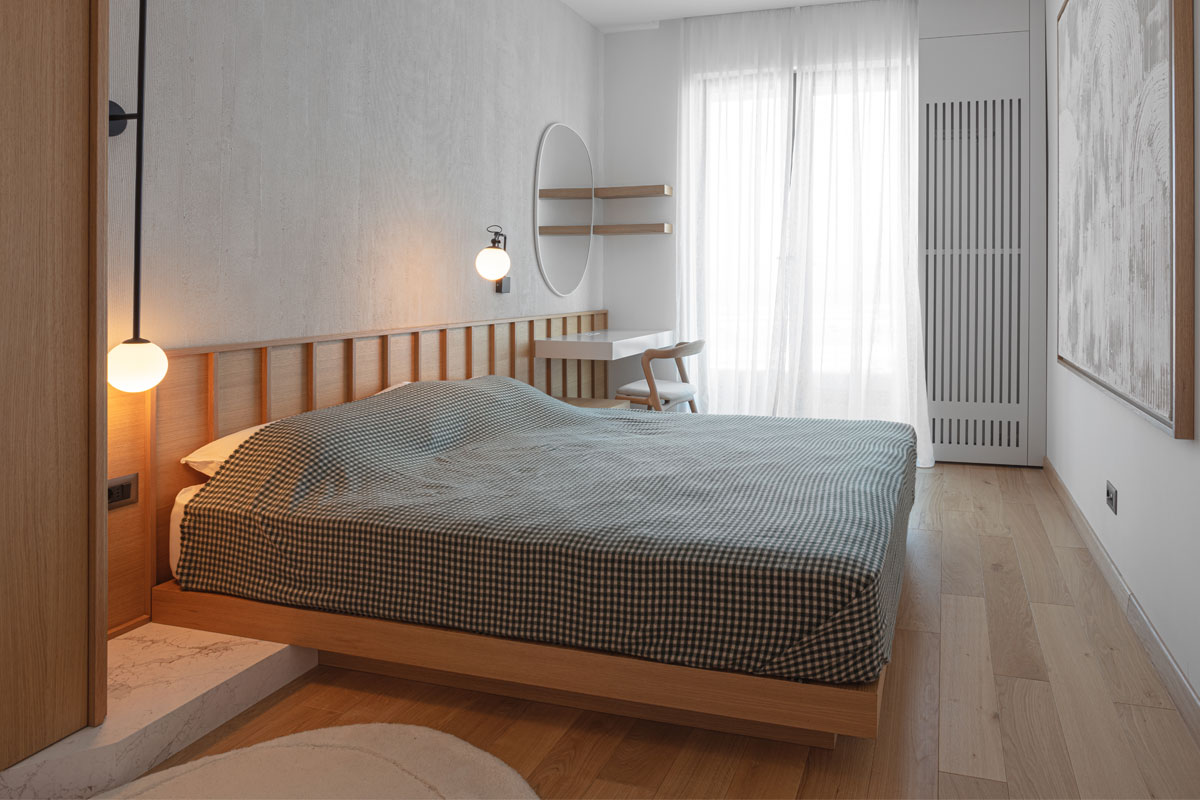 Stan na Novom Dorćolu, furnir na zidovima u spavaćoj sobi, Unknown Studio / foto: Stefan Đorđević